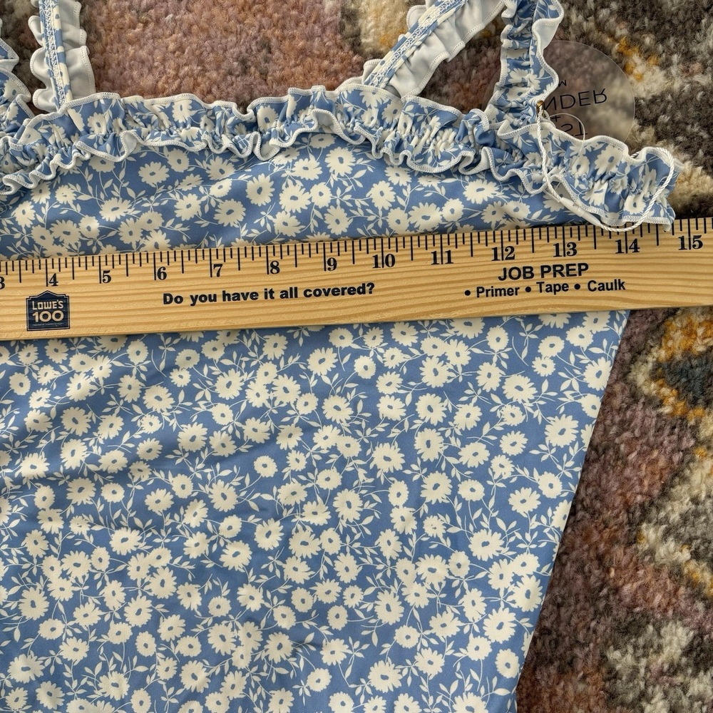 Lost +‎ Wander One Piece Swimsuit Retro Ditzy Floral Blue Ruffle Cut Out Beach - Picture 8 of 10